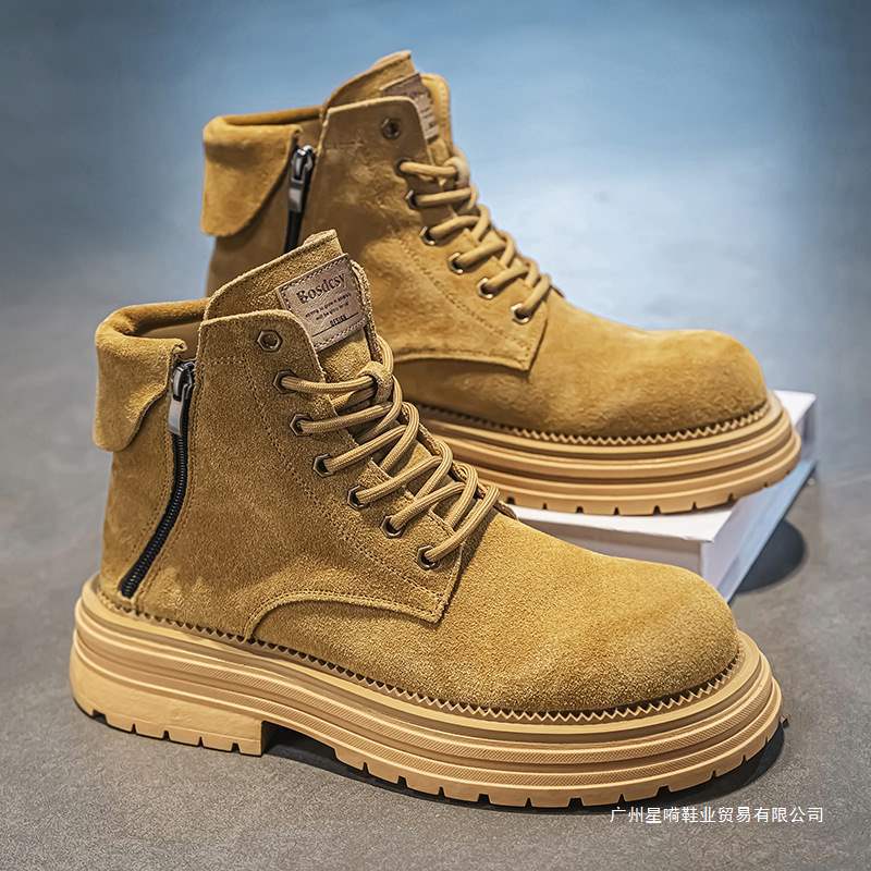 Boots Men's High-Top Autumn and Winter New Style Side Zipper Rhubarb Boots British Style Work Boots Suede Xuheng 6 Seasons