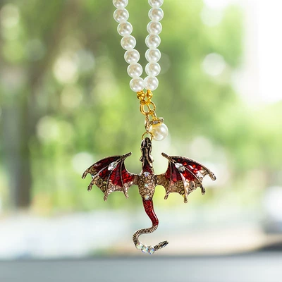 Rearview Mirror Pendant Car Interior – Car hanging - pendant-pearl-chain-flying-dragon-red