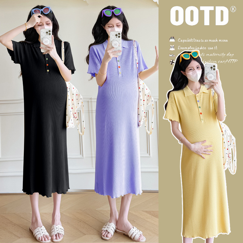 Maternity Wear Summer Trendy Mom Fashion New Simple Casual Colorful Button Knit Dress Polo Collar Maternity Dress