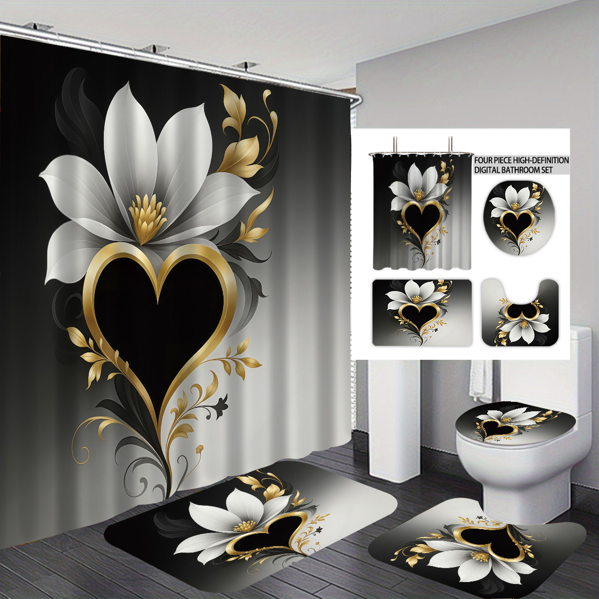 Agente de poliéster Mei Ke más cortina de baño impermeable serie de agua floral 3D impresión digital cortina de baño cuatro piezas alfombra absorbente