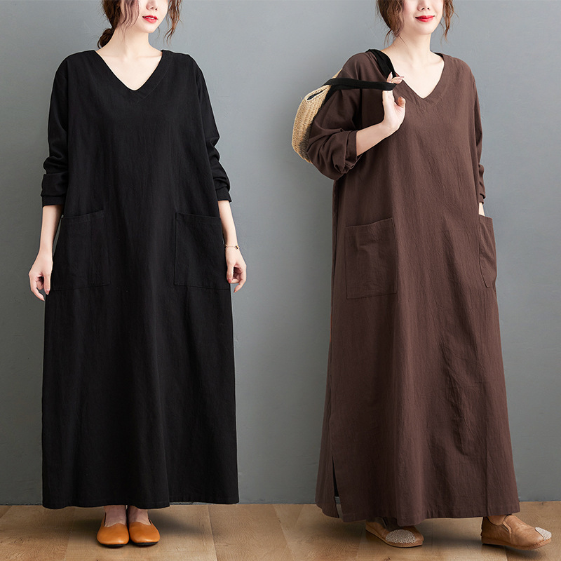 Amazon 2022 real shot new retro cotton and linen V-neck plus size loose long sleeve dress robe