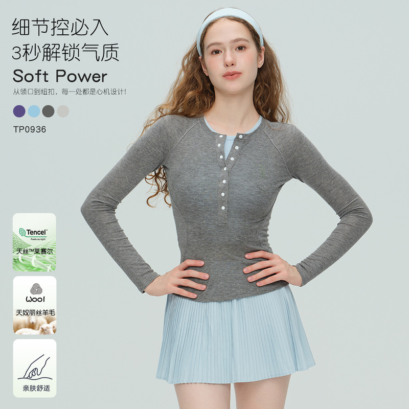 Spring and Summer New Yoga Wear for Women, Henry Collar Slim-Fit Long-Sleeve Top, Trendy Fitness T-Shirt