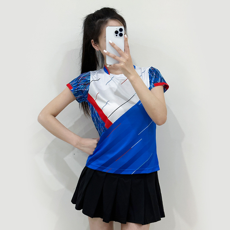 Nuevo conjunto de bádminton hombre y mujer ropa deportiva transpirable manga corta uniforme de entrenamiento de estudiantes impresión número de comercio exterior