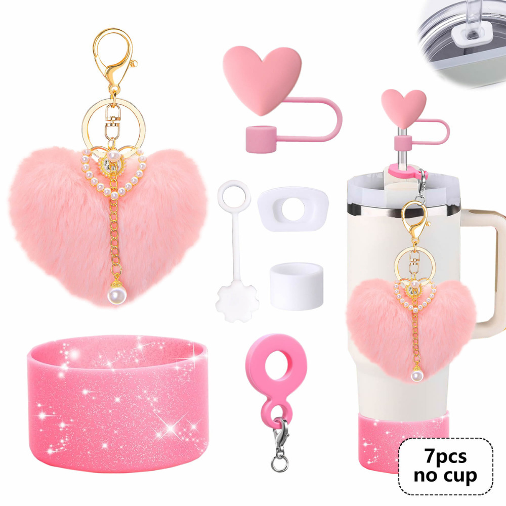 7pcs taza Stanley cuerda de mano colgante de silicona flor tapa de pajita bola de felpa colgante de copa cadena de taza de color
