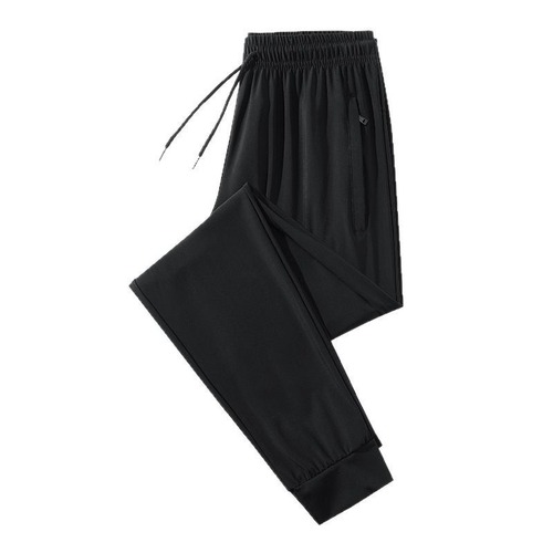 Pure Black Quick-Dry Ice Fiber Pants for Summer with Ice Sensation, Breathable, Adjustable Elastic Cord, Plus Size Loose Casual Sports Pants for Men and Women