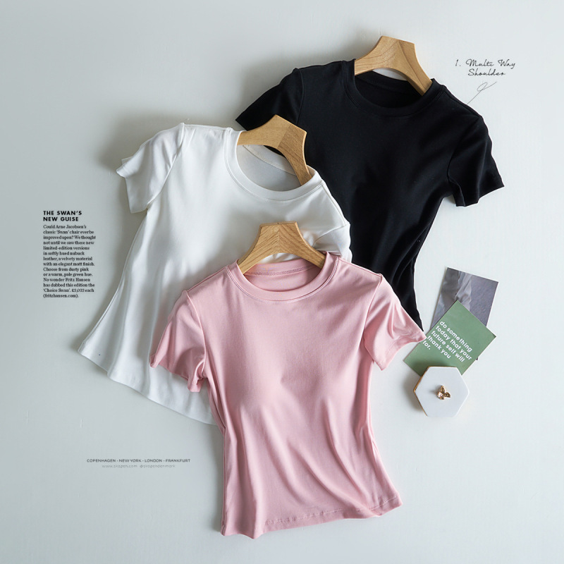 Basic All-Match Solid Color Slim-Fit Short-Sleeved T-Shirt with Chest Pad Women's Round Neck Short Top Summer Cotton Tencel Lyocell Basic All-Match Solid Color Slim-Fit Short-Sleeved T-Shirt with Chest Pad Women's Round Neck Short Top Summer Cotton Tencel Lyocell