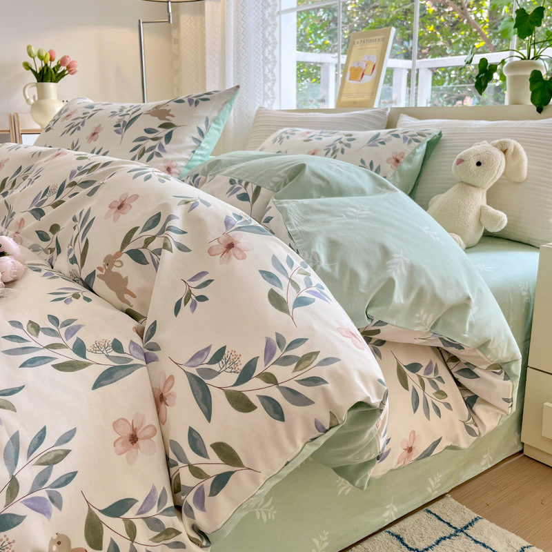 Juego de cuatro piezas de algodón fresco, juego de tres piezas de algodón, funda de edredón gruesa para el hogar, sábana de dormitorio, lijado, cama individual para estudiantes