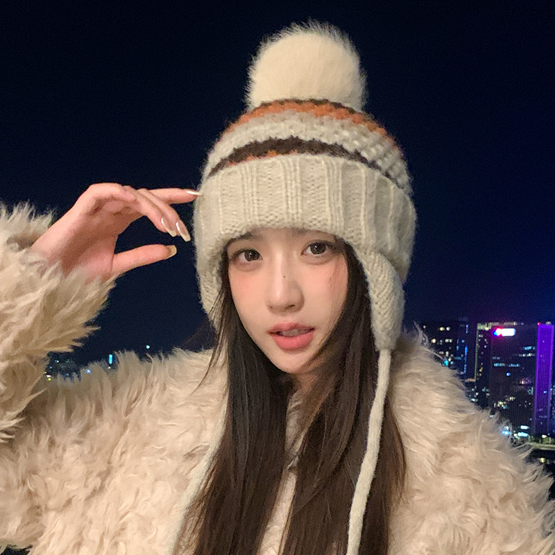 韩版百搭针织毛线帽子女款秋冬加厚防风护耳帽可爱毛球保暖雷锋帽|undefined