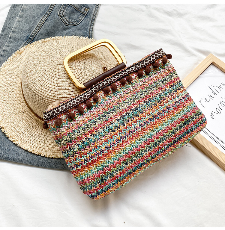 Basic, Streetwear Style Square Shape Medium Size Women's Medium All Seasons Straw Solid Color Basic Streetwear Square Zipper Handbag Straw Bag