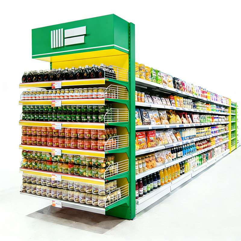 Exportación de supermercados europeos y estadounidenses a gran escala 200KG estantes de supermercado pesados de doble cara tiendas de conveniencia de alta gama estantes de exhibición de snacks