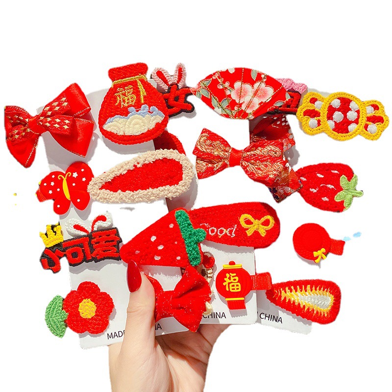 Flor de lazo de moda horquilla roja china dulce y elegante dama pequeña y fresca pinza lateral para niños accesorios para el cabello de todo fósforo