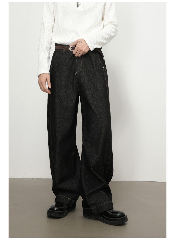 Quần jean nam denim đen dáng suông ống rộng kiểu banana lưng giữa, phong cách đường phố — Denim đen chi tiết 7