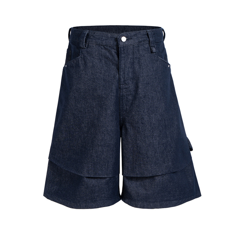 American Retro Style Knee-Cut Pleated Loose Fit Raw Denim Cropped Pants Original Color Denim Shorts