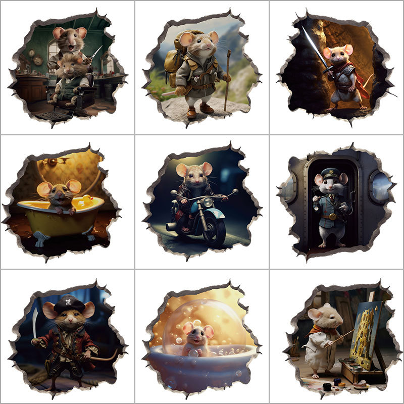 3D Cartoon Mouse Hole Wall Stickers Home Kitchen Dining Room Kicking Waistline Animal Decoration Mouse Sitting on the Toilet Stickers
