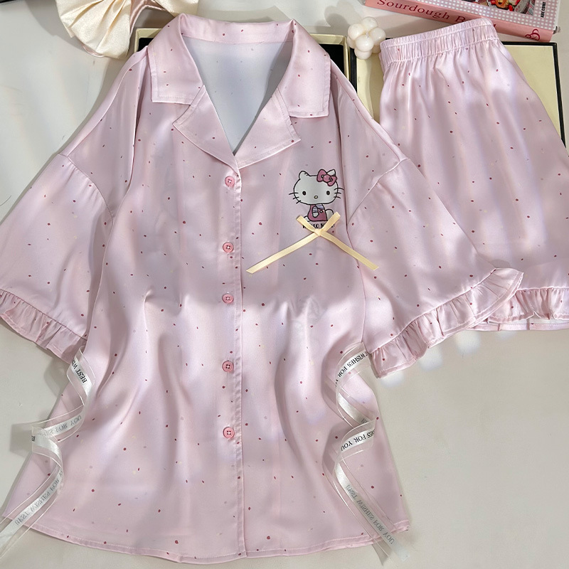 女性用パジャマ、アイスシルク夏薄手2025新作半袖ショーツ、かわいい漫画夏のウェアラブルホーム服|undefined