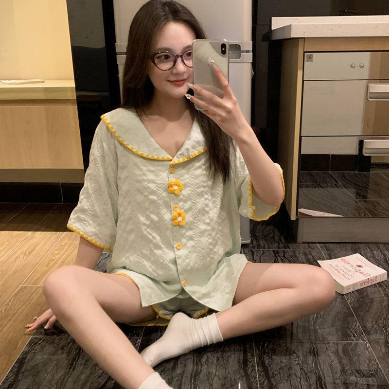 Nuevo pijama de verano transfronterizo de mujer trenzado nubes cardigan princesa dulce encantador conjunto de ropa para el hogar