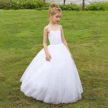 欧美女童白色吊带蓬蓬裙纱裙大童绑带束腰长款花童礼服裙小公主