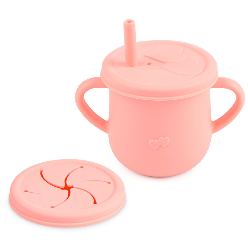 Silicona de grado alimenticio para niños snack Cup mango binaural portátil resistente a la caída con taza de paja de bebé taza de bebida de silicona
