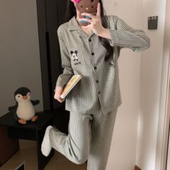 米奇睡衣女款春秋季长袖长裤天丝棉带胸垫新款家居服套装可外穿