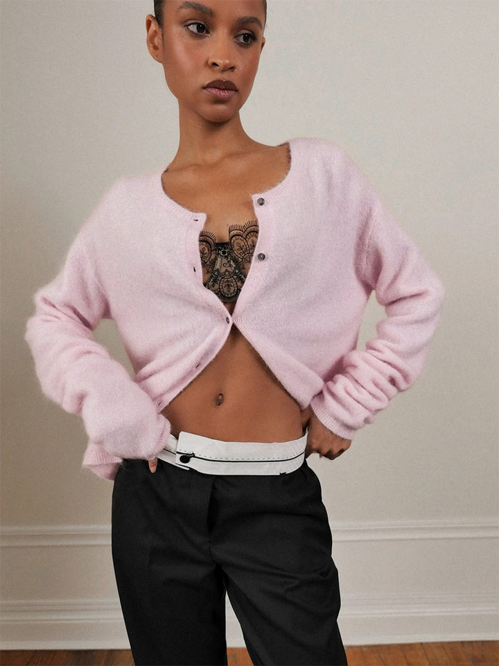 Áo cardigan len nữ cổ tròn dáng rộng cài khuy một hàng, dài tay, phong cách thanh lịch — Màu trắng, Xanh bạc hà, màu xám chi tiết 13