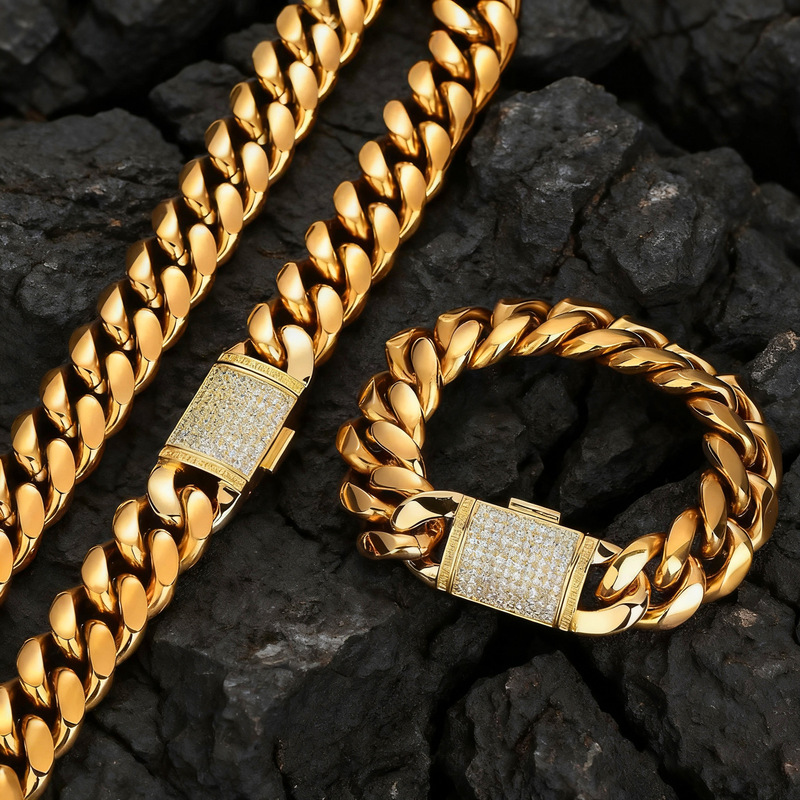 Cross-Border European and American Hot-Selling Hip-Hop Stainless Steel Flip-Clasp Miami Gold-Plated 6-22mm Cuban Necklace Chain Cross-Border European and American Hot-Selling Hip-Hop Stainless Steel Flip-Clasp Miami Gold-Plated 6-22mm Cuban Necklace Chain