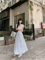 もちを切って自家製の小さい女性の夏の気質のデザイン感の独特なきれいなワンピースの青い大きい半袖のスカートを作ります。