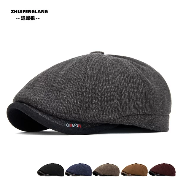 Amazon Beret Autumn and Winter Men's Velvet Warm Forward Hat British Retro Peaked Cap Solid Color Newsboy Hat