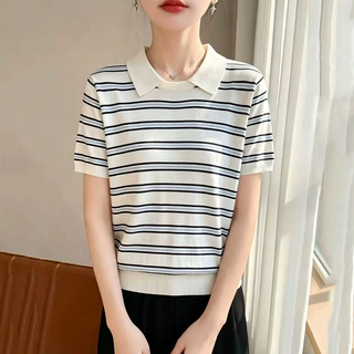 2026夏季新款撞色条纹莱赛尔天丝翻领短袖针织T恤女polo衫上衣