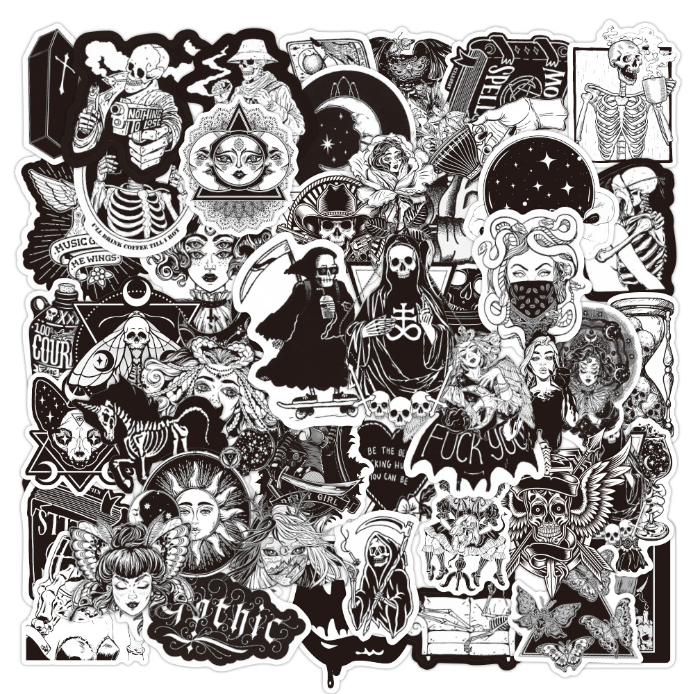 50 pegatinas de graffiti en blanco y negro de venta caliente de Amazon pegatinas decorativas impermeables de casco de guitarra punk en blanco y negro de estilo gótico