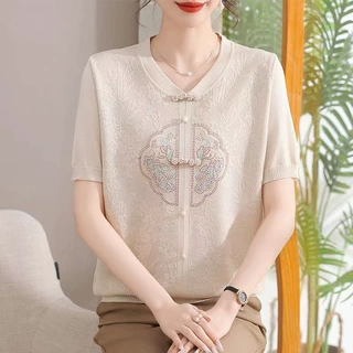 妈妈装夏季短袖上衣中年女士薄款针织衫新中式国风女式婆婆打底衫