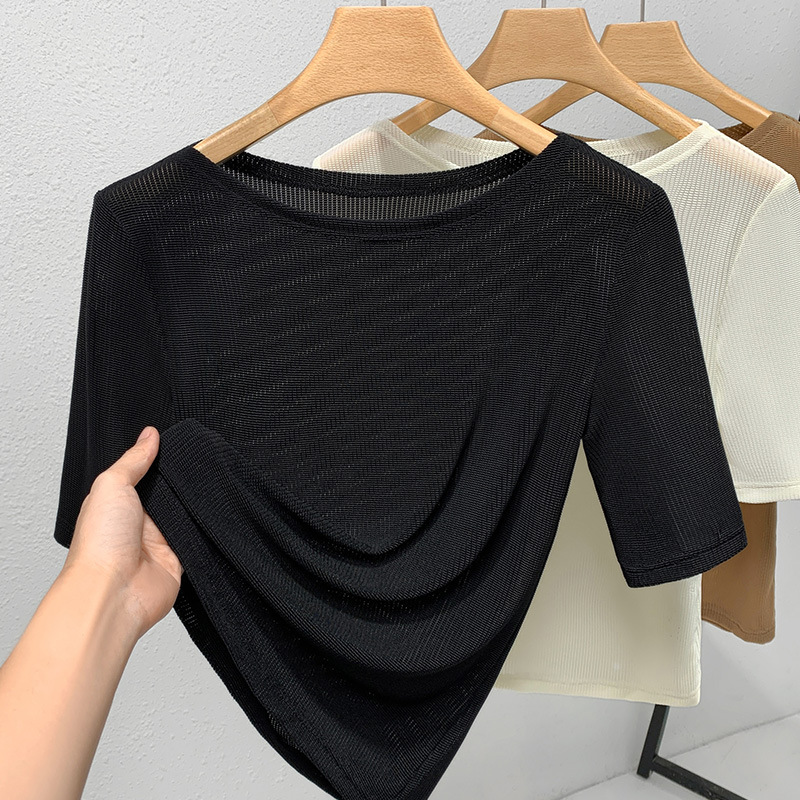 Camiseta de mediados de manga de las mujeres 2023 nuevas mujeres europeas elegante fuera del hombro de malla de color sólido de la cintura-apretado tramo superior image 7