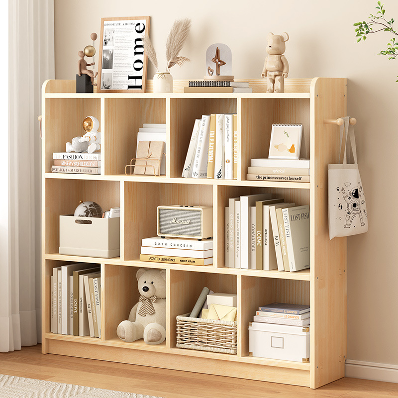 Solid Wood Children's Bookshelf Storage Rack Floor Standing Home Living Room Grid Cabinet Toy Storage Organizational Cabinet Simple Low Bookshelf