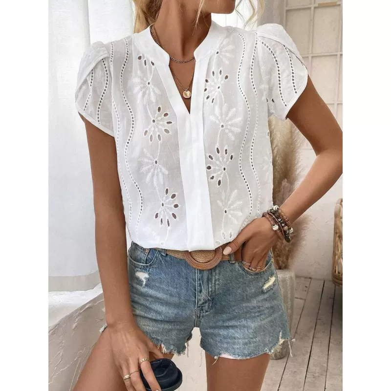 2024欧美风新款亚马逊跨境外贸女装镂空花边V领套头短袖女式衬衫