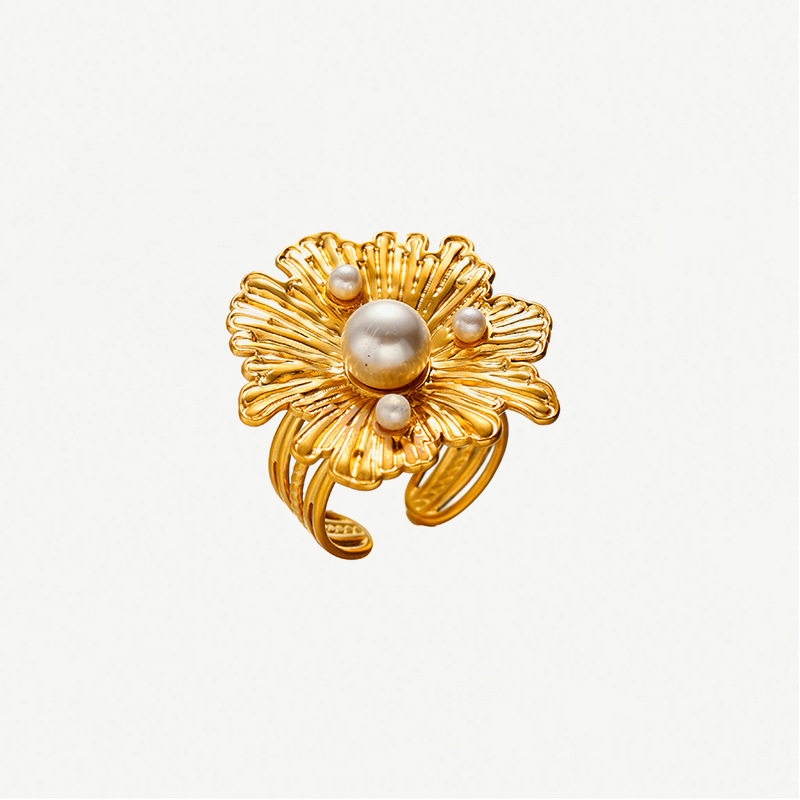 Anillos de flores de perlas de acero inoxidable de alta calidad, anillos de acero de titanio, joyería no desvanecida transfronteriza europea y americana