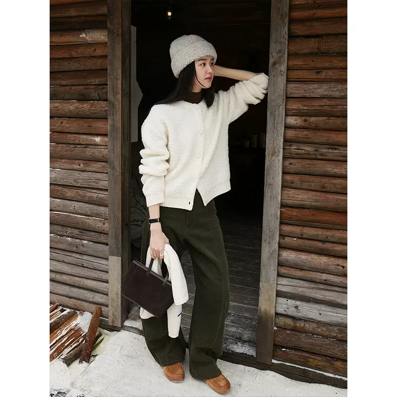 时简 保暖公式 肌理感羊毛颗粒绒毛衣外套冬季落肩复古上衣02232