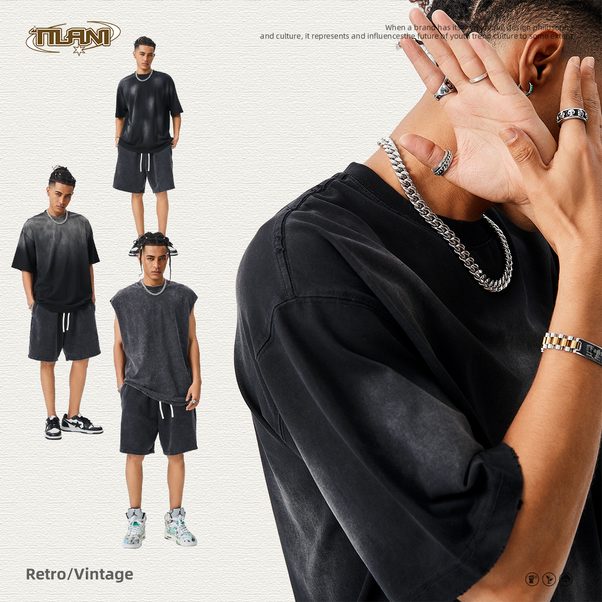 TILANI men's summer pure cotton loose fashion brand short sleeve shorts men's T-shirt teenager wash water and old T-shirt