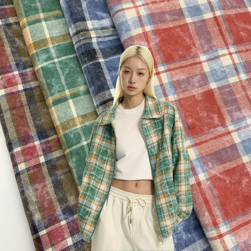 Fleece-lined shirt jacket, grid fabric 21-count twill brushed grid fabric, printed pattern rendering grid fabric