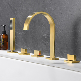 Brushed Gold Cylinder Edge Bathtub Five-Piece Set Square Large Curved Seat Vertical Split Massage Bathtub Hot and Cold Faucet