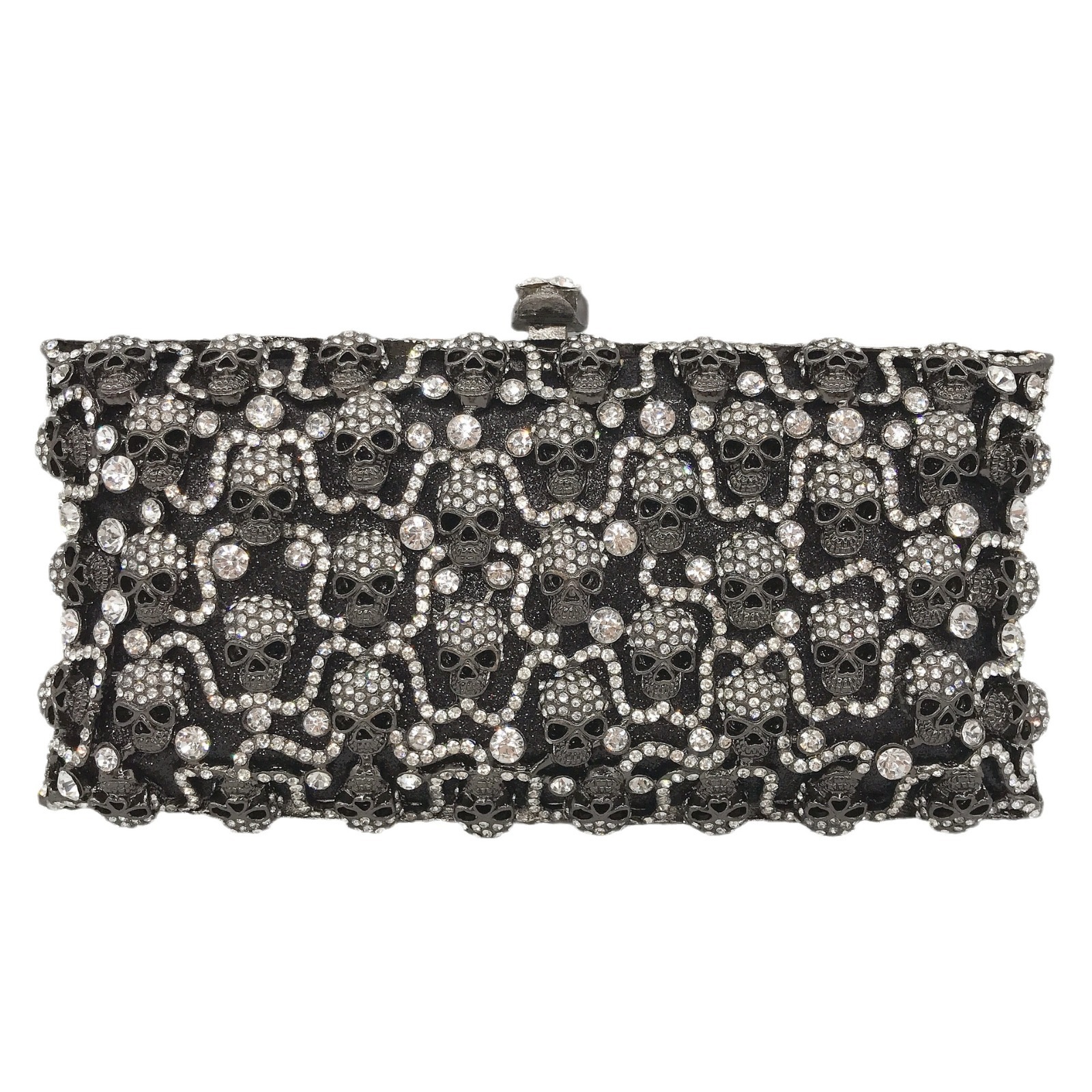 Bolsos de banquete de cráneo con diamantes horizontales, bolsas de mano de diamantes negras completas, bolsas de banquete transfronterizas de mujeres, bolsas de caja dura