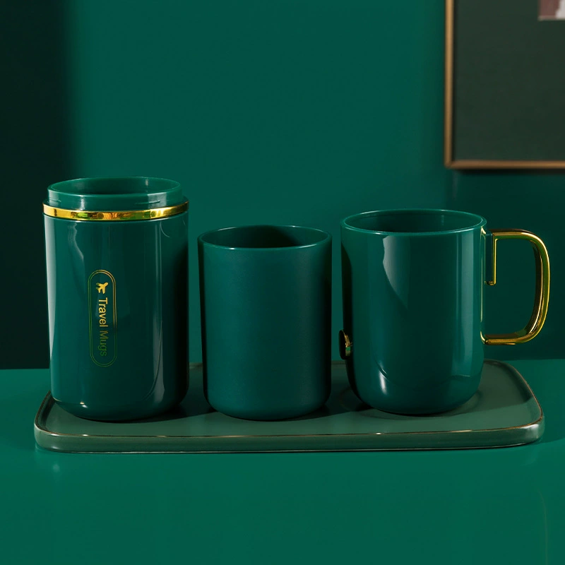 Travel Mouthwash Cup Set, PP with Gold Trim, 2‑ or 3‑Cup Portable Toothbrush Storage (22.5×8×7.5 cm)