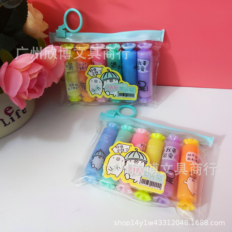 Exaltador de modelado de dibujos animados múltiples, 6 bolsas, diagonales, notas, puntos clave, estudiantes de primaria, marcadores, graffiti