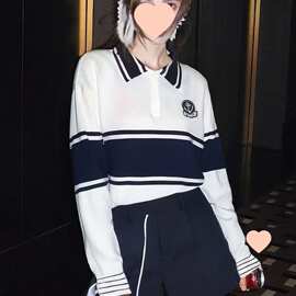 运动学院风撞色条纹polo领长袖卫衣针织衫减龄秋季上衣图片色其他