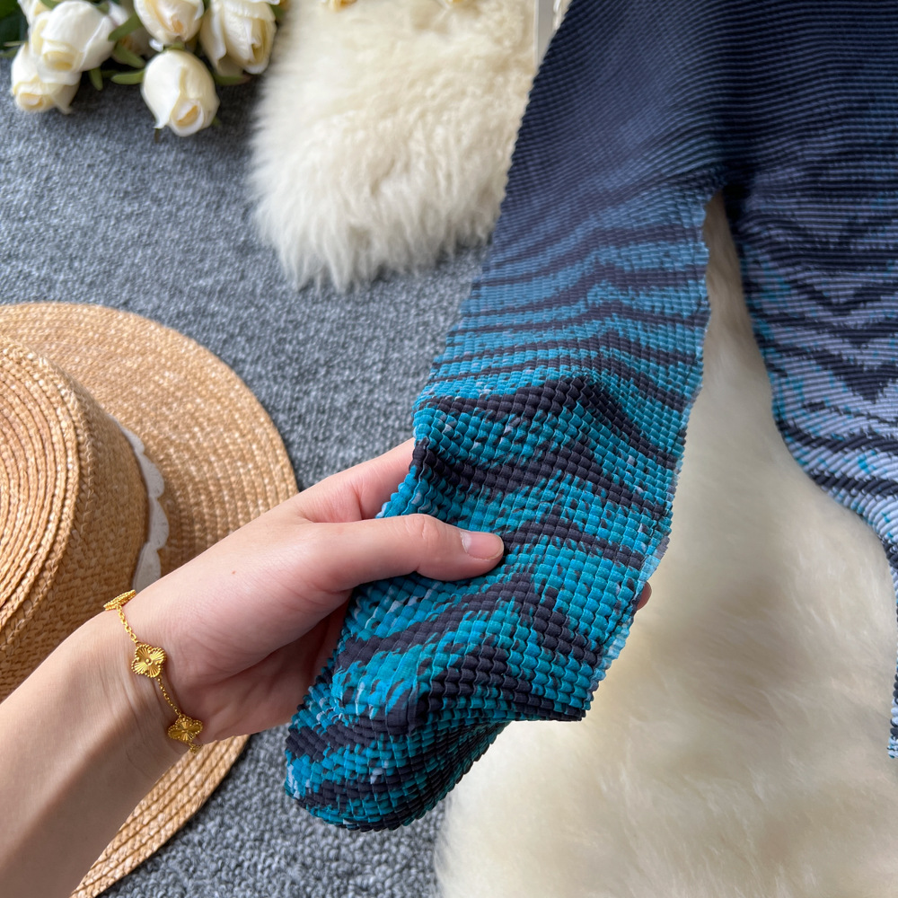 Women's Clothing celebrities elegant pleated print mid neck long sleeved tops for women high waist slim pleated skirt autumn set D_voghion.com