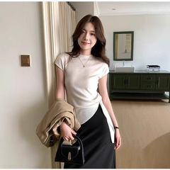 独特漂亮不规则收腰开叉冰丝t恤女夏季纯欲洋气半高领针织上衣服