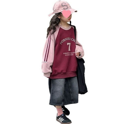 Girls' Han Style Splicing Sweatshirt Autumn/Winter Outfit Fleece Thick Children's Fashion Trendy Letter Clothing Winter Girl