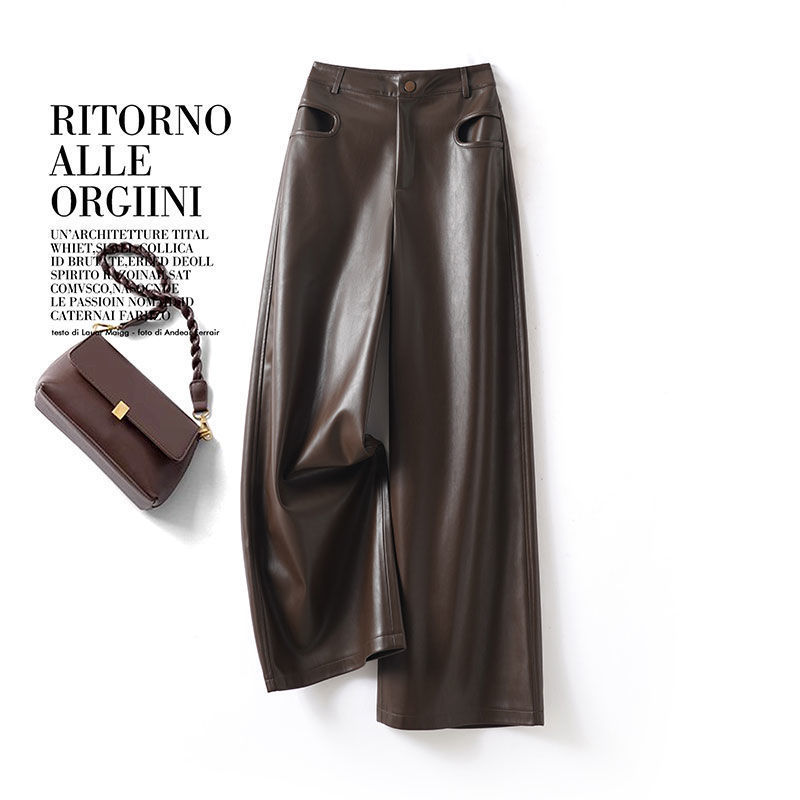 2025 Spring and Autumn New Leather Pants Women's Korean Style Wide Leg Loose Women's Leather Pants Casual Easiest for Match Straight-Leg Pants 523 2025 Spring and Autumn New Leather Pants Women's Korean Style Wide Leg Loose Women's Leather Pants Casual Easiest for Match Straight-Leg Pants 523
