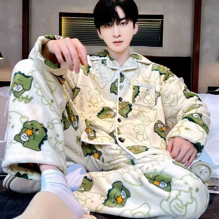 Cardigan Men's Flannel Pajamas Autumn and Winter New Youth Plus Velvet Thickened Cartoon Casual Home Clothes Set