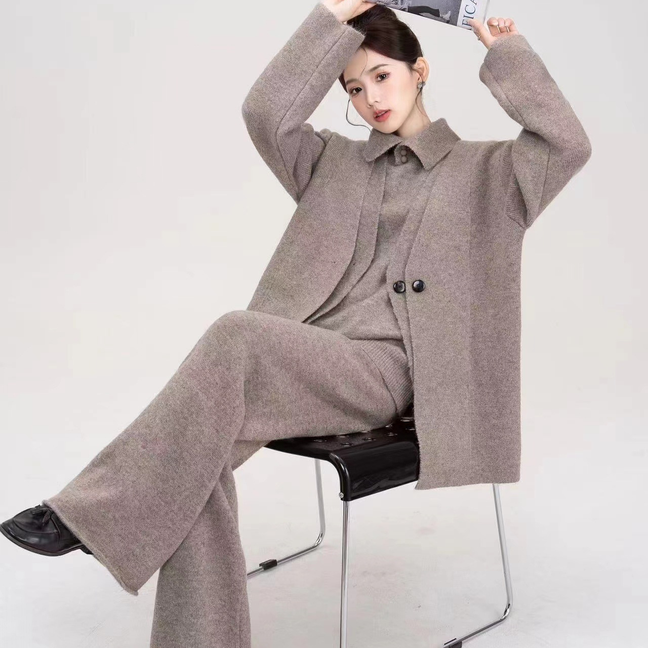 高级感慵懒宽松针织三件套2024秋冬新款宽松毛衣开衫裤子时尚套装