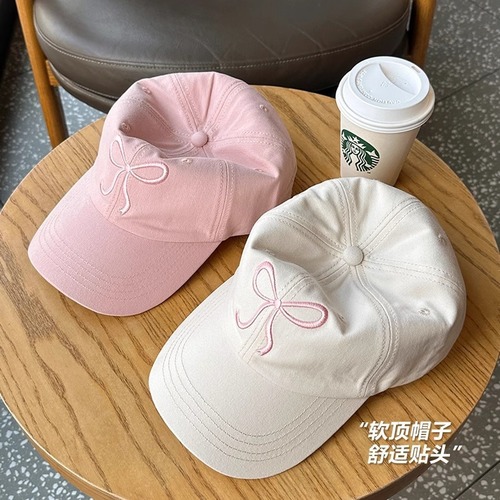 Korean Instagram-style baseball cap for girls with bow tie, sweet and cute, romantic pink hat, versatile, soft brim duckbill cap