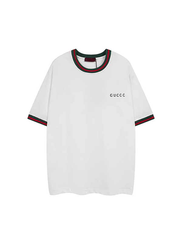 High-End Gu Brand Short-Sleeve T-Shirt with Ribbed Collar and Red-Green Striped Webbing, Casual Loose Fit, Unisex Style